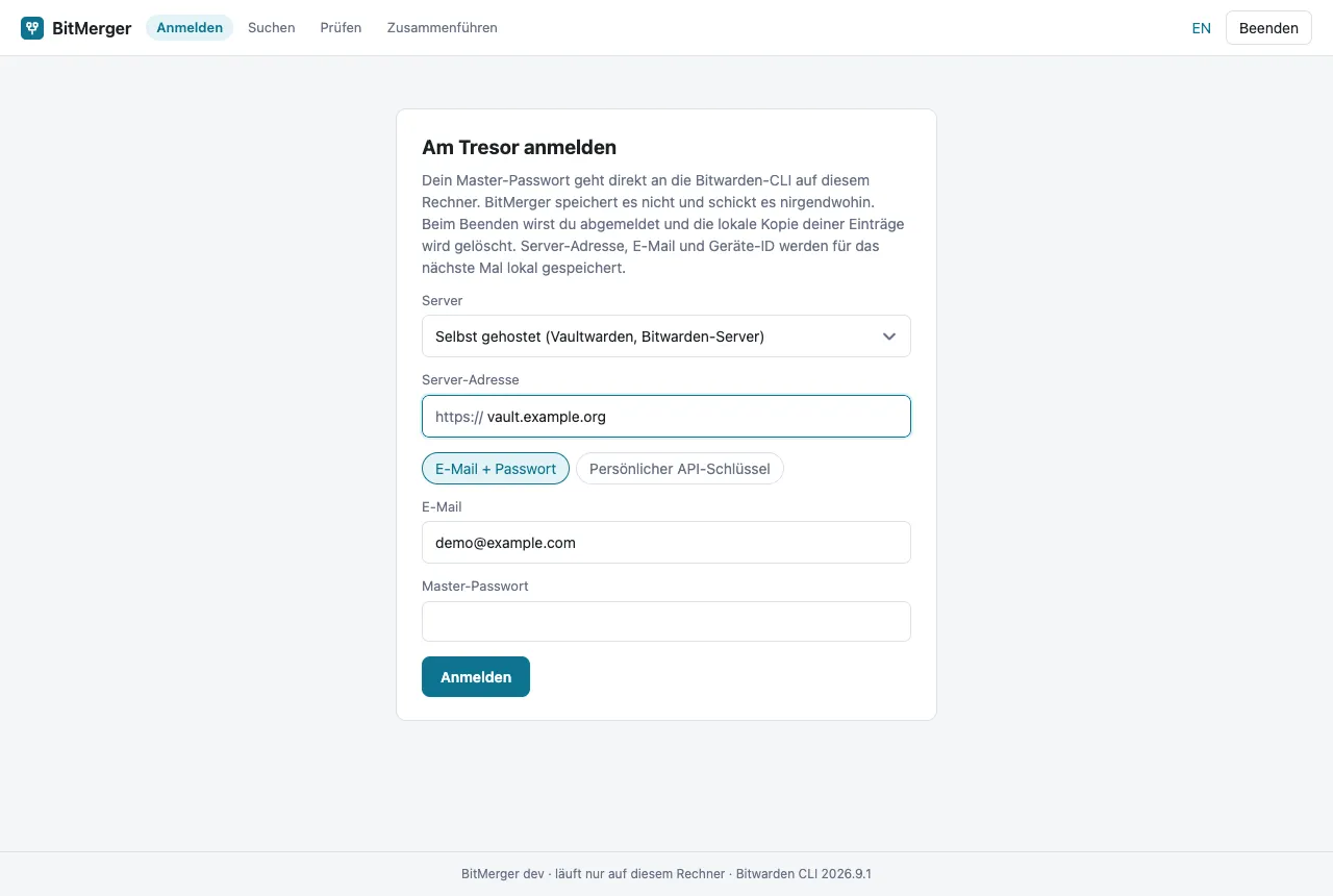 BitMerger-Anmeldung: Serverauswahl, E-Mail und Master-Passwort