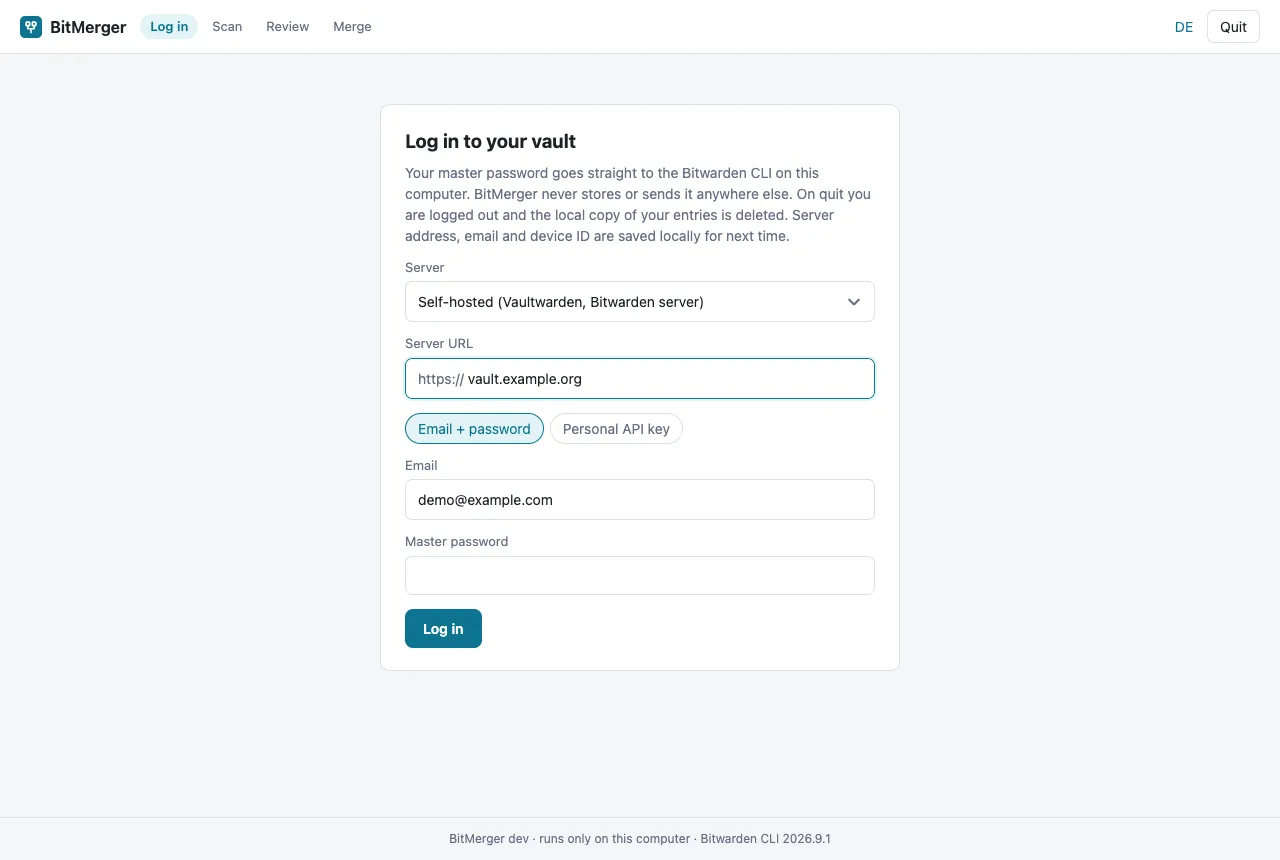 BitMerger login: server selection, email and master password